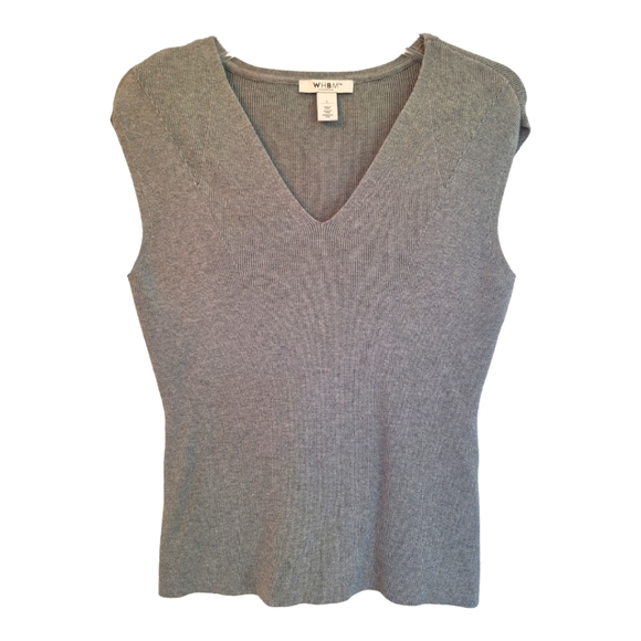 White House Black Market V-Neck Rib Knit Sweater Tank Shell Gray Large Stretchy - Picture 1 of 11